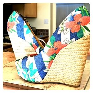Striped Floral Espadrille Wedges